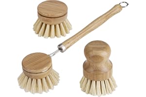NIBOKEN Set di 3 spazzole di ricambio in bambù con setole in fibra stabile, testa intercambiabile, rotonde, resistenti al calore, per la pulizia di pentole, padelle, piatti e posate