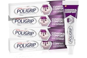 SUPER POLI-GRIP Poligrip Cushion & Comfort, Denture and Partials Adhesive Cream for Extra Comfort and Hold of Dentures, 2.2 Ounces (Pack of 4)