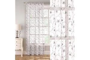 Supplied by Maple Textiles EMBROIDERED SILVER SEQUIN SPARKLE Floral Design Linen Look Voile Net Curtain Panel Slot Top Heading (Grey, 55" x 48")
