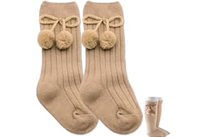 BABYZOCO Calcetines Largos de Algodón Con Pompones, Medias Largas de Algodón para Bebés, Calcetines de Rodilla para niños, Calcetas de Bebé