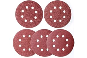 100pcs 125mm Sanding Discs, (Hook and Loop 20 x 40/60/80/120/180 Mixed Grit), 8 Hole 5 Inch Round Sanding Discs Pads for Random Orbital Sander by AniSqui