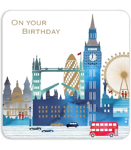 London Skyline Geburtstagskarte Mit Glitzer – Blanko, Umweltfreundlich, 16x16 Cm