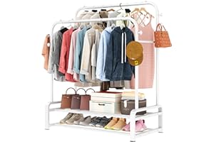 SMILOVII Heavy Duty Clothes Rail, Double Rails Garment Rack, Metal Clothes Rack, 2-Tier Shoe Rack and 8 Hanging Hooks, Free Standing Hanging Storage Shelf for Bedroom-White
