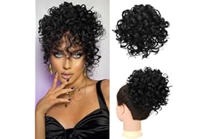 RUWISS Moño Postizo Desordenado Moño Pelo Corto y Rizado Cola de Caballo Extendida Cuerda de Tracción Elástica Moño Postizo Suelto Cabello Rizado para Mujeres Niñas (80g Negro natural)