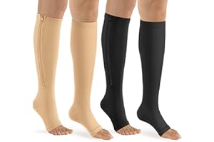 bropite Lot de 2 paires de chaussettes de compression à fermeture éclair pour homme et femme - Hauteur du mollet - 15-20 mmHg - Bout ouvert - Pour la marche, la course à pied