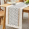 LOMOHOO Macrame Table Runner,Cream Beige Boho Table Runner with Tassels,Hand Woven Cotton and Burlap Splicing Table Runner,Rustic Farmhouse Table Runner for Bohemian,Kitchen Dining Table