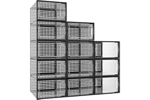 MYHMCT 12 Pack Shoe Storage Box, Shoe Boxes Clear Plastic Stackable, Shoe Organizer for Closet, Space Saving Sneaker Containers Holders with Lids, Fit up to UK Size 9.5 (Black)