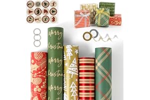 MOOKLIN ROAM 5 Rouleaux Papier D'Emballage De Noël, 43cm×300cm Recyclable Kraft Papier Emballage Noël avec Motifs Fins pour Emballage Cadeau de Fête de Noel,Emballage des Papier Cadeaux de Noel Rouge Vert
