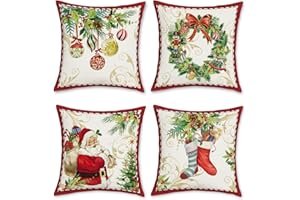 Bonhause Federe per Cuscini Natale 45 x 45 cm Copricuscini Decorativi Babbo Natale Corona di Natale Campane Calzini Poliestere Biancheria Federa per Cuscino Casa Natale Decorazione Set di 4