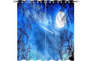 YUANZU Stars Moon Curtains - Summer Night Meteor Across The Starry Sky Tree Landscape Pattern Eyelet Thermal & Room Darkening Blackout Window Drapes for Bedroom Living Room 2 Panels W75cm x D166cm