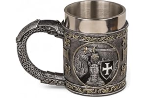 MIJOMA Naczynie rycerskie z wkładką ze stali nierdzewnej – bogate w szczegóły średniowieczne reliefy z żywicy poliestrowej – dekoracja i przedmiot kolekcjonerski (krucjata północy, dzban: ok. 11 × 9