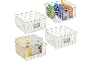 mDesign Juego de 4 cajas multiusos de metal – Caja organizadora con espacio para poner etiqueta para cocina, despensa, etc. – Cesta de almacenaje de alambre, compacta y universal – plateado mate