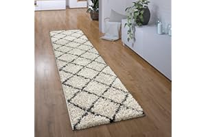 PACO HOME Alfombra Pasillo Pelo Largo Hall Dormitorio Salón Moderna Escandinava Rombos, tamaño:80x300 cm, Color:Crema