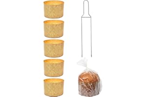 FAH FAMILY AT HOME Kit Stampo Panettone Alto 750 gr + Spillone Panettone + 5 Sacchetti Panettone con Chiusure, Pirottini Panettone 750 gr Professionale di Carta Naturale in Cellulosa Resistente al Calore 200°C