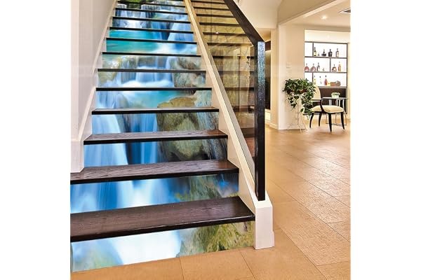 FLFK 13Pcs 3D Pierre cascade Autocollants d'escalier auto-adhésifs Peel And Stick Escalier Riser Stickers Imperméable Décor À La Maison Escalier Decal Escalier Murale Stickers