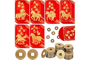 Tenare 36 Stück Chinesisches Neujahr Umschläge zum Jahr des Pferd mit 40 Stück Chinesischen Glücksmünzen Chinesische Rote Umschläge Feng Shui Münzen Hong Bao I Ching Münzen für Frühlingsfest