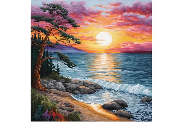 cukol cukol Canevas Broderie Point de Croix Kit Complet Adulte Debutant Compté Pré Imprimé Estampillé Moderne Débutant avec Fils, Facile Paysage Bord Mer 11ct Cross Stitch Loisirs Créatifs Set 40x40
