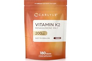 Vitamin K2 MK7 200ug | High Strength | 180 Vegan Tablets | Menaquinone-MK7 | Suitable for Vegetarians and Vegans | by Carlyle