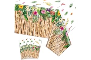 PIXHOTUL 4 Pack Hawaiian Luau Grass Tablecloths, Hawaii Luau Party Decorations, Table Skirt Tablecloth Tropical Palm Tablecover for Summer Beach BBQ Tropical Ahola Party Baby Shower, 220 x 130cm