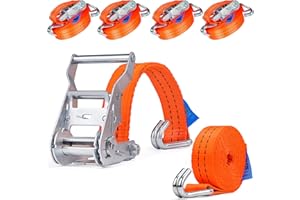 INDUSTRIE PLANET Lot de 4 sangles d'arrimage à cliquet de 2 000 kg de 4 m en 2 parties avec crochet - Sangle à cliquet - Orange - 35 mm - 2000 daN - 2 t