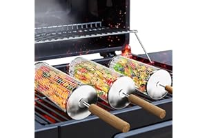 Ivtivfu Ensemble de paniers de grillage enroulable emboîtables avec poignée en bois (3 pièces, 30cm × 10.9cm), panier de grillage enroulable, accessoires de barbecue pour grill extérieur pour légumes