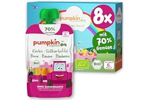 ‎PUMPKIN ORGANICS Pumpkin Organics Bio Gemüse-Quetschies 8er Pack Kürbis, Süßkartoffel, Birne, Banane, Blaubeere ohne Zuckerzusatz - Babynahrung für Babys ab dem 6. Monat - glutenfrei & vegetarisch (8x100g)