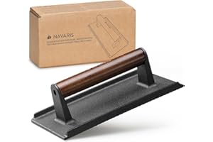 Navaris Prensa Hamburguesas de Hierro Fundido - Plancha de Cocina Rectangular con Relieve y Mango Antideslizante - Accesorios Smasher Aplastador de Hamburguesa para Barbacoa