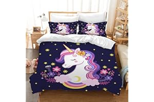 AVJWWD Set di biancheria da letto per bambini, in microfibra, con motivo a unicorno, con stampa 3D, 3 pezzi, con chiusura a strappo, morbido per ragazze (H, 200x200cm)