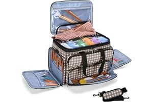 Yarwo Knitting Bag, Yarn Storage Organiser Tote with Double Top Cover for Knitting Needles(Up to 35.5cm), Crochet Hooks, Circular Needles, Yarn and Projects, Grey Dots(Bag Only)