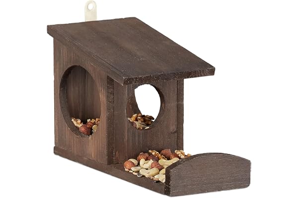 Relaxdays 10026317_746 Mangeoire pour écureuils, Distributeur de Nourriture, à accrocher, Bois, HLP: 17,5 x 14 x 25cm, Marron foncé, Brun, 5 x 12 x 25 cm