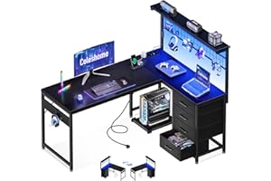 Coleshome Stolik gamingowy z diodami LED, 130 × 100 cm, dwustronne biurko gamingowe z szufladami i gniazdkami, narożne biurko z półką i miejscem do przechowywania, czarny
