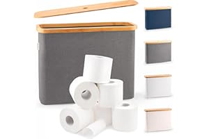 LONBET para 12 Rollos Almacenaje Papel Higienico con Tapa de Bambú - Almacenamiento Baño Plegable e Impermeable - Diseño Elegante y Apilable con Montaje Rápido - Toilet Paper Storage, Gris