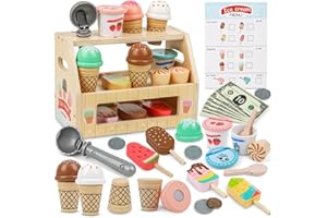 KidMigo Eisdiele Kinder Holz – 36-teiliges Eisladen Spielzeug mit Eisstand, Holz Eisdiele ab 3 Jahre, EIS Spielzeug für Kinder, Kaufladen Zubehör Kinderküche