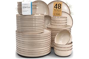 Steingut Geschirrset 12 Personen Rustic 48 tlg. TESTSIEGER, Hochwertiges Landhaussttil Steingut Geschirr Set, Schüssel- und Teller Set, Tafelservice 12 Personen, Geschirrsets Pure Living in Beige