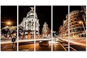 islandburner, Cuadros de Salon Tráfico de Calles en la Noche en Madrid, España (Imagen HDR) Cuadro Decoracion de Pared Impresión en Lienzo Formato Grande Modernos OPN-5P-N