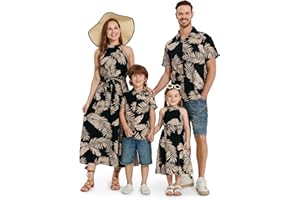 PATPAT Ensemble Familial Tropical - Robe sans Bretelles Femme & Fille, T-Shirt Respirant Homme & Garçon - Tenue de Plage, Fêtes Anniversaires Réunions Familiales - Set Coordonné Mère-Fille & Père-Fils