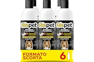 RISPET Shampoo e Balsamo Cocco e Cheratina, Detergente e Igienizzante per Cani e Animali a Pelo Lungo, Formula Delicata Senza Allergeni e pH Bilanciato, Profumazione al Cocco, 6x370ml