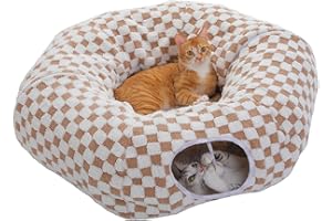 PAWZ Road Plush Cat Tunnel for Indoor Cats, 2 in 1 Donut Circle Shape Cat Tunnel & Cat Bed Diameter 85 cm Brown