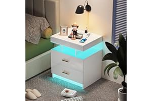 Lvhcmfohm Nachttisch mit Steckdose und Led, Nachtschrank Boxspringbett mit ladefunktion und USB, Moderner Nachtkästchen, Nachtkommode mit 2 Schubladen (Weiß, 50x40x58cm)