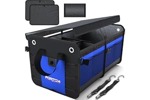 FORTEM Organizer per bagagliaio, borsa per bagagliaio, pieghevole per auto, con scomparti, fondo antiscivolo, cinghie di sicurezza regolabili, coperchio pieghevole (blu, grande)