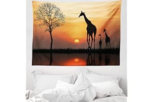 ABAKUHAUS Animal Tapiz, Jirafa en el Bosque Salvaje, Decoración de pared para el dormitorio, la sala de estar y la residencia universitaria, 150 x 110 cm, Naranja Negro