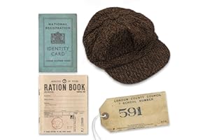 ihoot World War Two Evacuee Memorabilia Bundle | 1940s Fancy Dress, WW2 Costumes for Kids, Evacuee Costume Boys - Includes Replica Identity Card, Ration Book, Evacuee Tag and Flat Cap