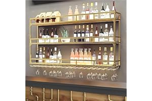 KEPMOGOH Botellero de Pared con portavasos, Estantería de Hierro de 3 Plantas, Estante de Botellas de Pared, Soporte Flotante para exhibición de Vino, para el hogar, Restaurante, Bares (Oro, 100cm)