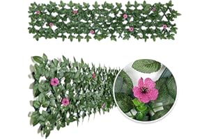 REOVE Expanding Garden Trellis Panels Expandable Garden Fence Screening with Flower | Expandable Fence Privacy Screen | Faux Ivy Privacy Screen | Garden Greenery | Balcony - 200x30cm (Rose Pink Flower)