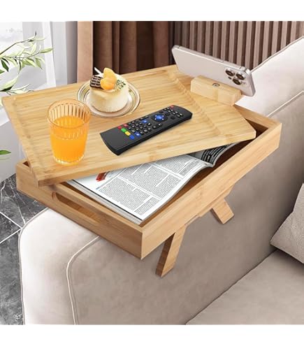 Vassoio pieghevole in bambù con portabicchieri, vassoio portabicchieri da divano, antiscivolo, per bevande, snack, telefono e telecomando, universale, portatile e facile da pulire per divano