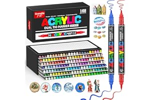 Sonlaryin 168 Couleurs Feutre Acrylique Double Pointe(Fine et Pinceau), Marqueur Peinture Acrylique Pinceau Pour Papier, Verre, Galet, Métal, Plastique, Bois, Oeuf, Céramique, Textile