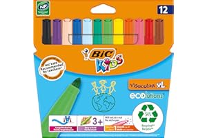 BIC Kids Visacolor XL Feutres de Coloriage à Pointe Large, Lavables, Encre à base d'eau - Couleurs Assorties, Etui Carton de 12