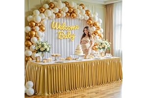Wish Care 17ft Gold Satin Table Skirt for Rectangle Tables Wrinkle Free Glitter Desk Skirts Pleated Ruffle Table Cloth for Wedding Birthday Graduation Cocktail Party Buffet Display Table Decorations