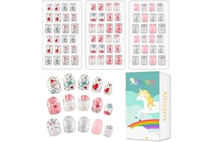 Allstarry 72 pièces 3 paquets d'ongles pour enfants à presser pré-collés couverture complète paillettes dégradé de couleur pour enfants petites filles décoration Nail Art - joli chaton