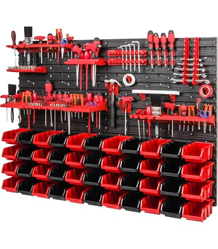 Werkstattregal Mit 56 Stapelboxen - 1728x780 Mm, Rot-schwarz, Inkl. Werkzeughalter & Wandplatte